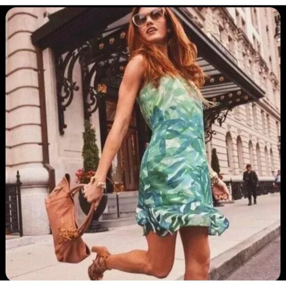 CAbi Castaway Dress Womens Size S #5235 Green Tropical Print Spaghetti Strap - Picture 1 of 8